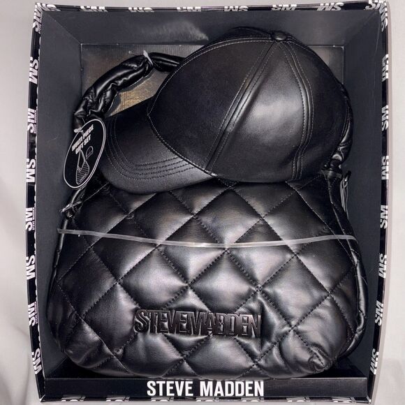Steve Madden Black Gift Set Quilted Nylon Hobo & Baseball Cap Leather Look HTF - Picture 1 of 7